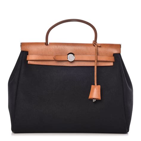 HERMES Toile Vache Calfskin Herbag 30 PM Black Natural 